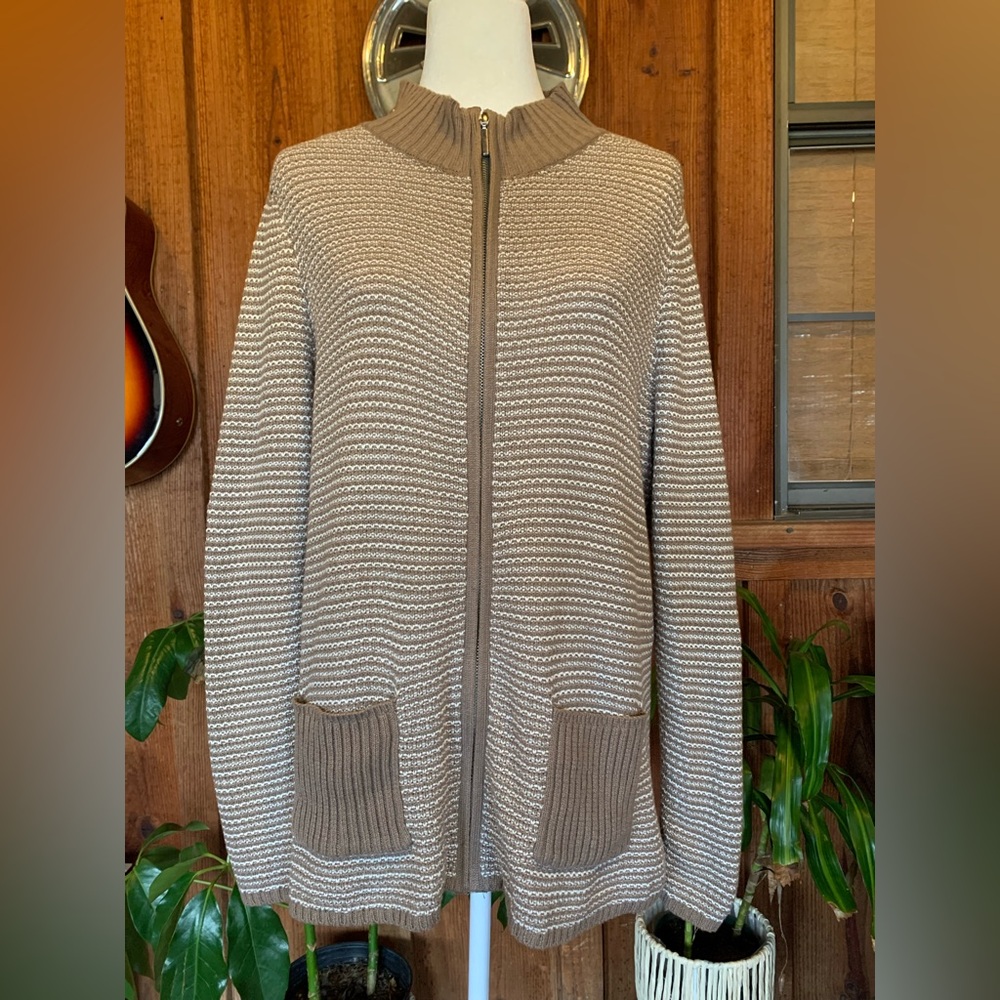 Karen Scott Textured Zip Front Cardigan Size L Cream/Tan/Brown Pockets